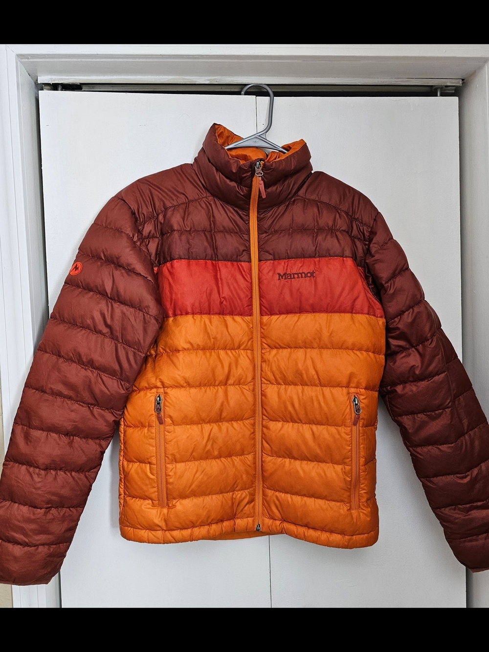 Marmot 'Ares' Colorblock Insulated Puffer Jacket in Rust/Red/Orange